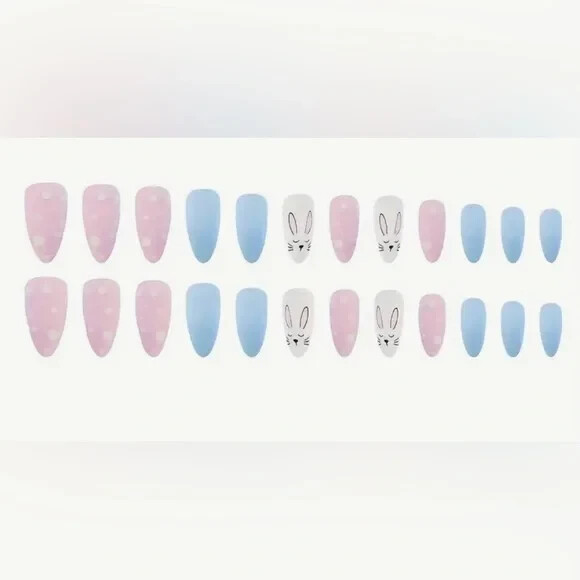 Easter 24pcs/set Rabbit Pattern Frosted Long Almond Nails NWT