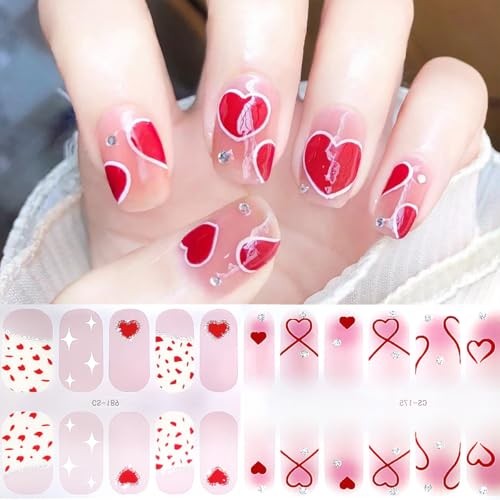 6 Sheets Valentine’s Day Nail Wraps Stickers 3D Red Heart Nail Polish Strips