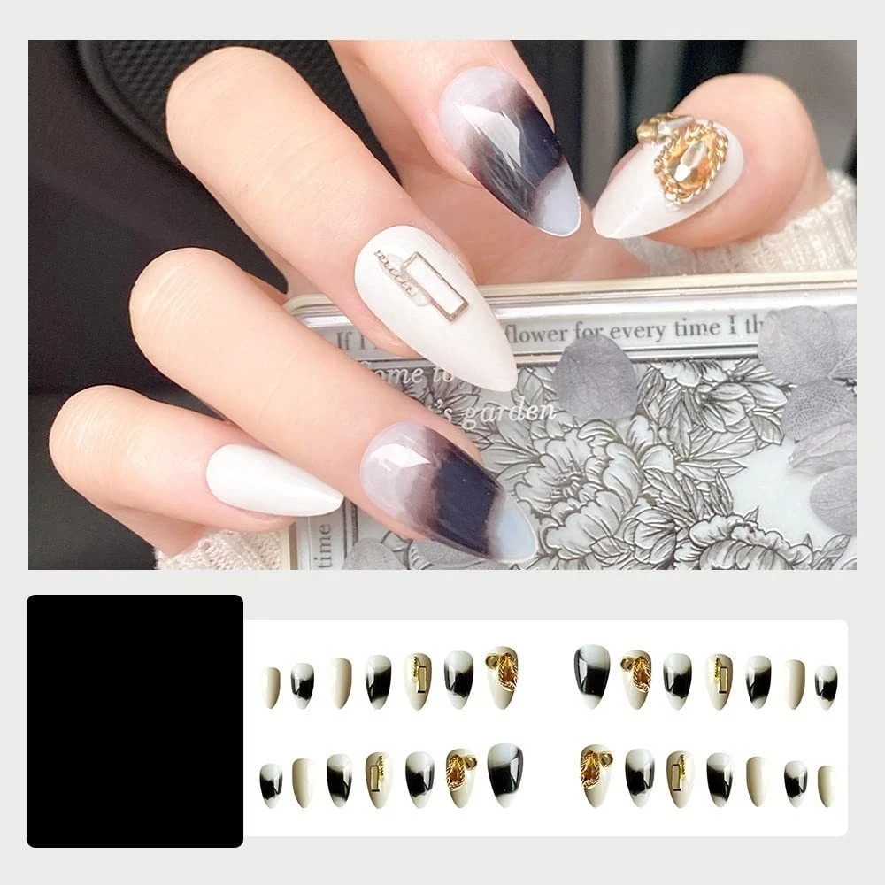Secret Lives 24 PCS Reusable Fake Nails Set | White with Dark Grey Patch & Golde