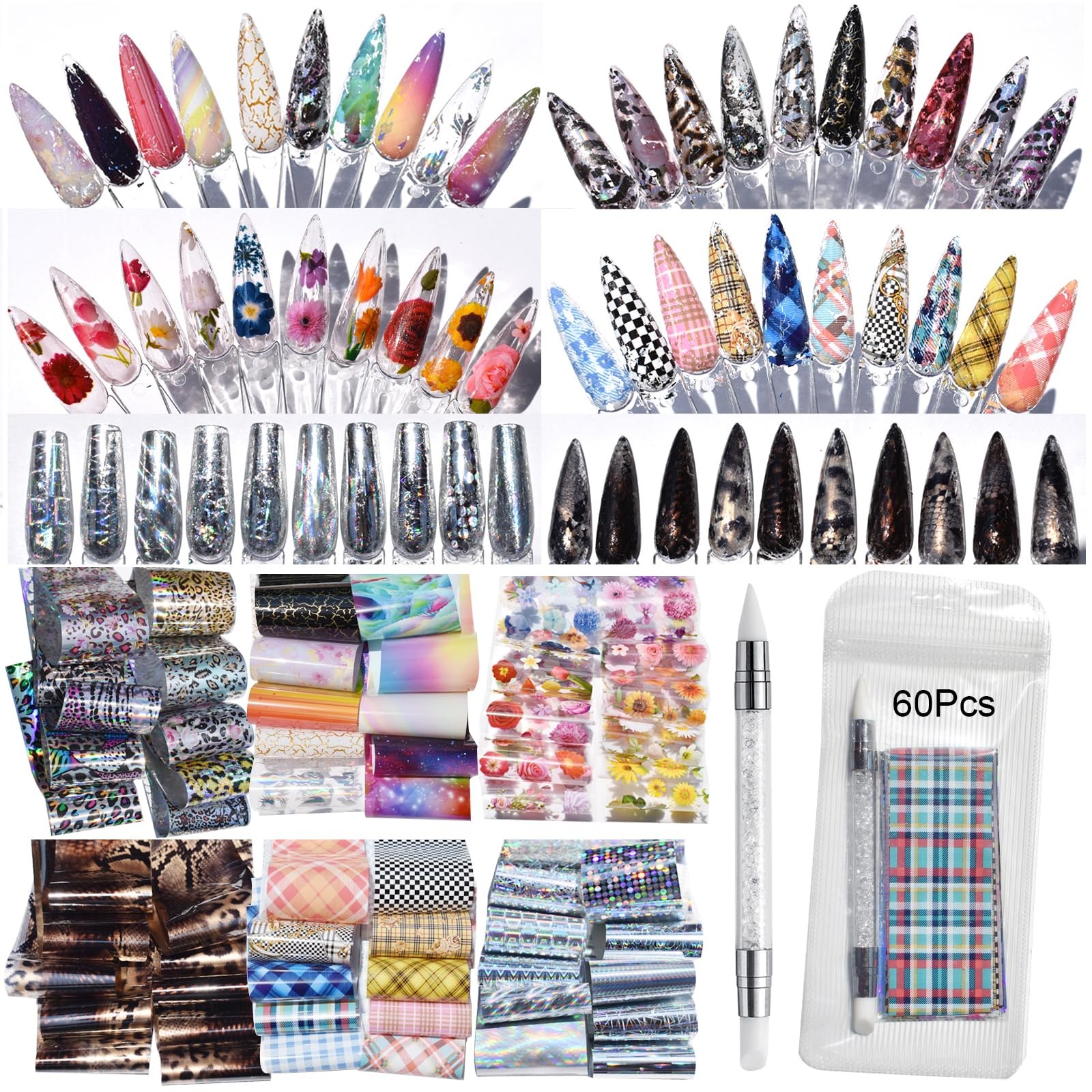 Nail Art Transfer Foils,60 Pieces,Animal Print Dried Flowers Mixed Designs | …