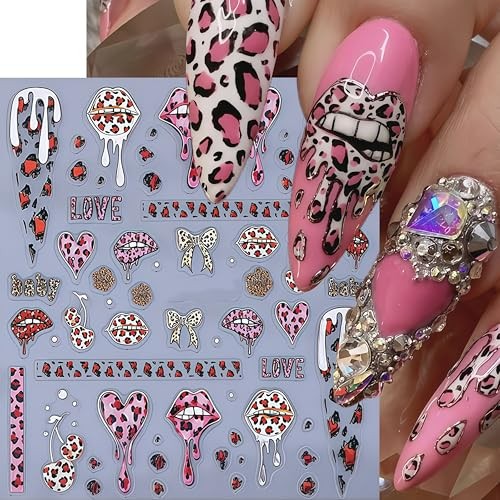 2 Sheets Valentines Day Nail Art Stickers Leopard Print Love Heart Nail bow