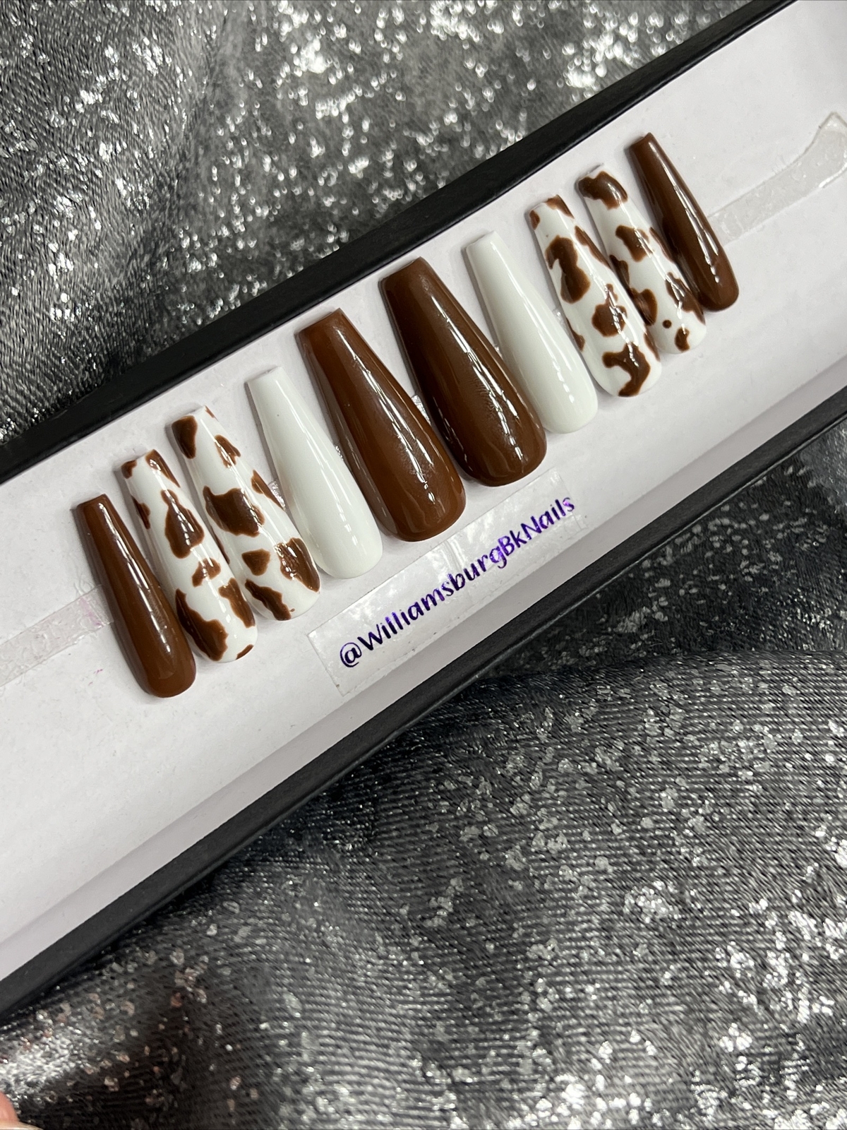 🐮 CUSTOM Gel Press On False Nails, Cow Print , 10p Set W FULL KIT NEW