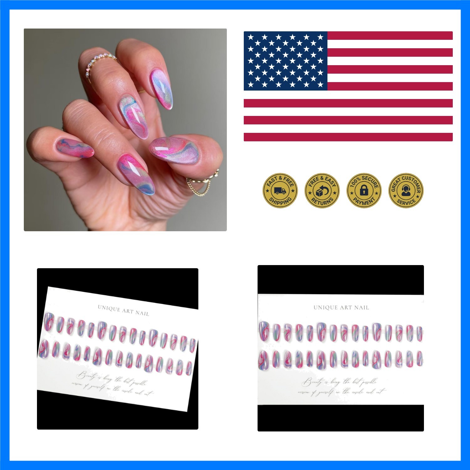 Colorful Press on Nails Almond – Medium Cat Eye Fake Nails with Stripe Design…