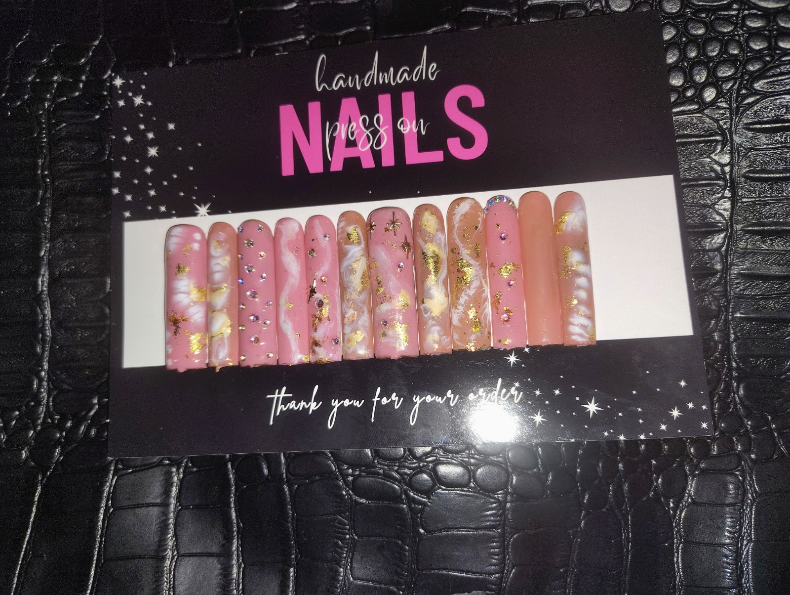 Homemade Square Long Press-On Nails Pink/Gold/White Glitter Abstract Full Cover
