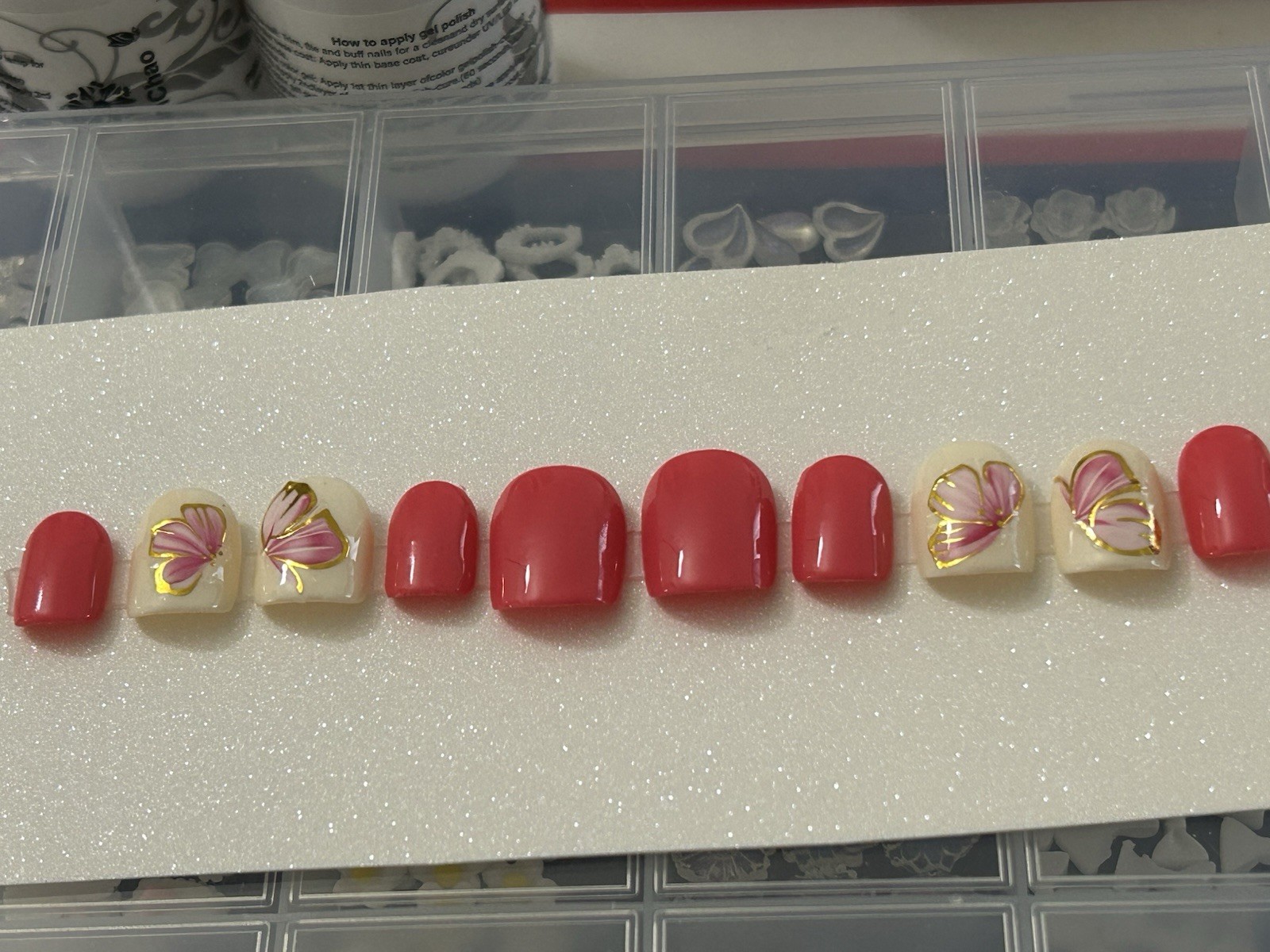 ✨Beautiful Summer Design Handmade Gel Press On Nails Coral Pink Square Short ✨