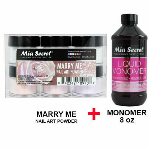New Mia Secret Monomer 8 Ounce + MARRY ME Nail Art Powder 6 Colors Collection