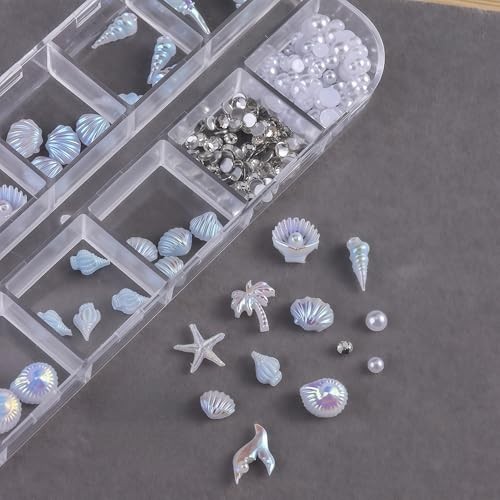 3D Summer Beach Nail Charms Resin Aurora Ocean Nail Rhinestones Shells Fishtail