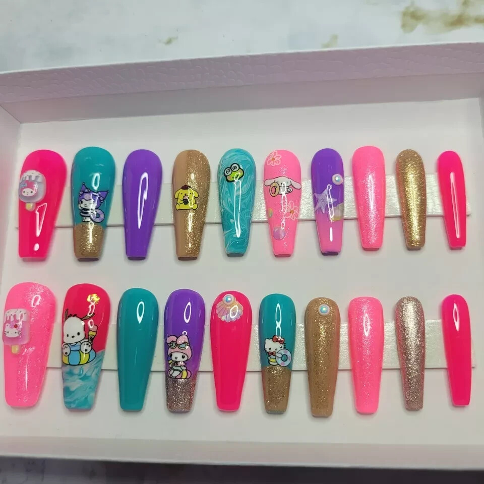 Hello Kitty, Kuromi, My Melody Press-on Nails, Gel, 20 Nail Set, Rhinestones USA