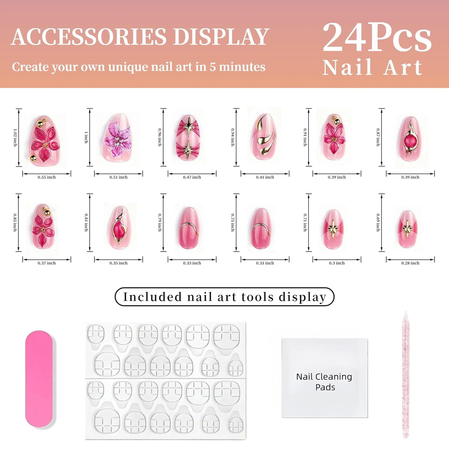 24Pcs Pink Summer Press on Nails Medium Almond Fake Nails with 3D Gold Beads Pin