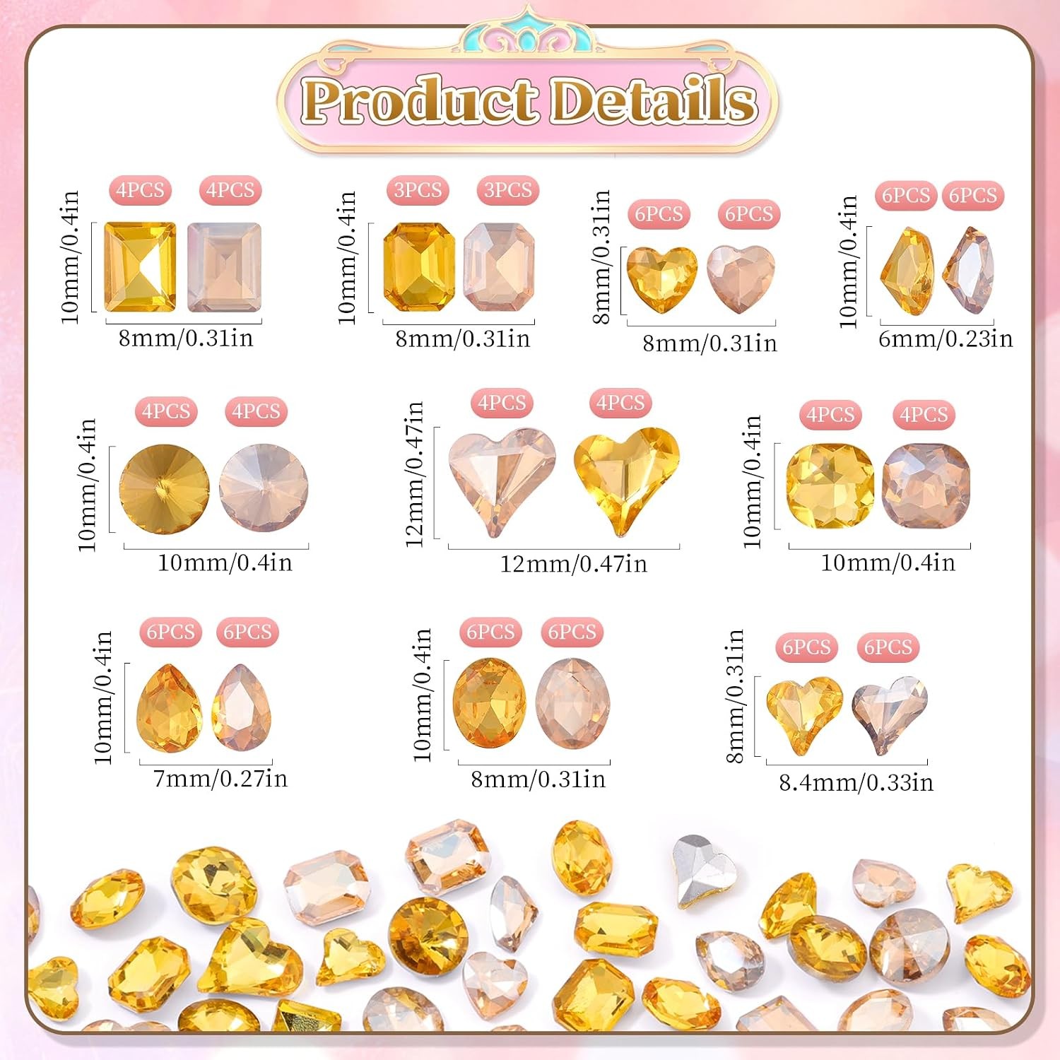 104PCS Glass Nail Gems, 3D Champagne Gold Nail Art Rhinestones for Women
