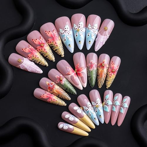 Colorful Flower Press on Nails Long Artificial Acrylic Fake Nails Animal Print