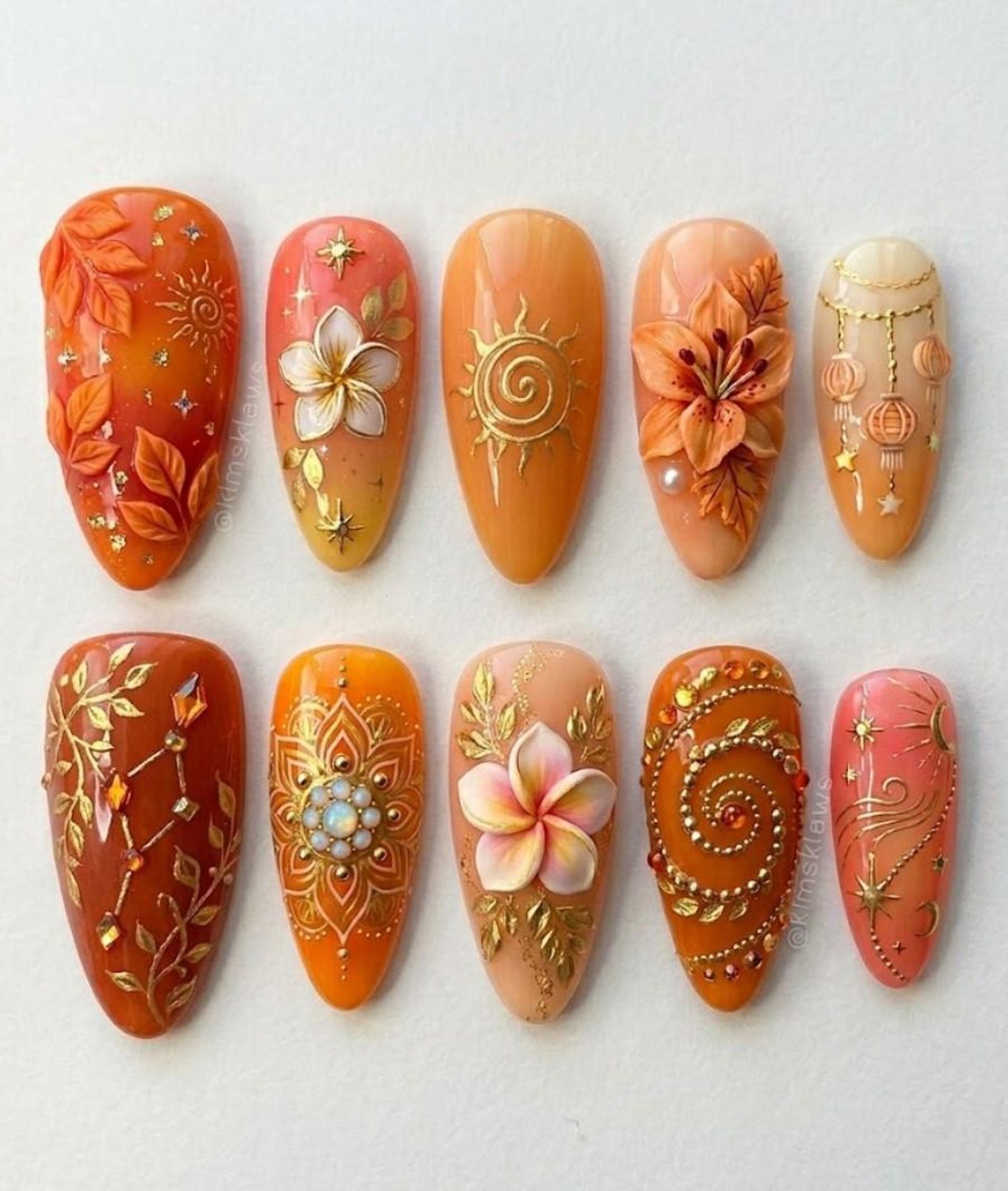 Handmade Autumn Orange 3D Flower Sun Leaf Lantern Medium Almond Press on Nails