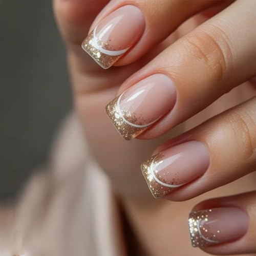 Glitter French Tip Press On Nails Short Square Fake Nails summer square nails-6