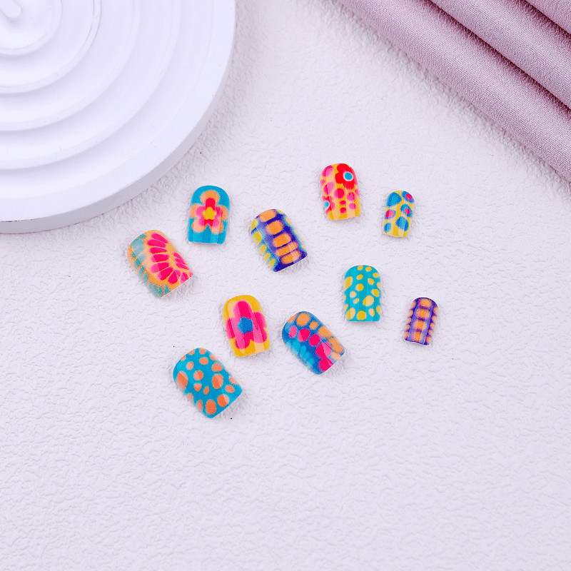 48P Short Square Press on Nails,Neon Colorful Floral Polka Dot Trendy Fake Nails