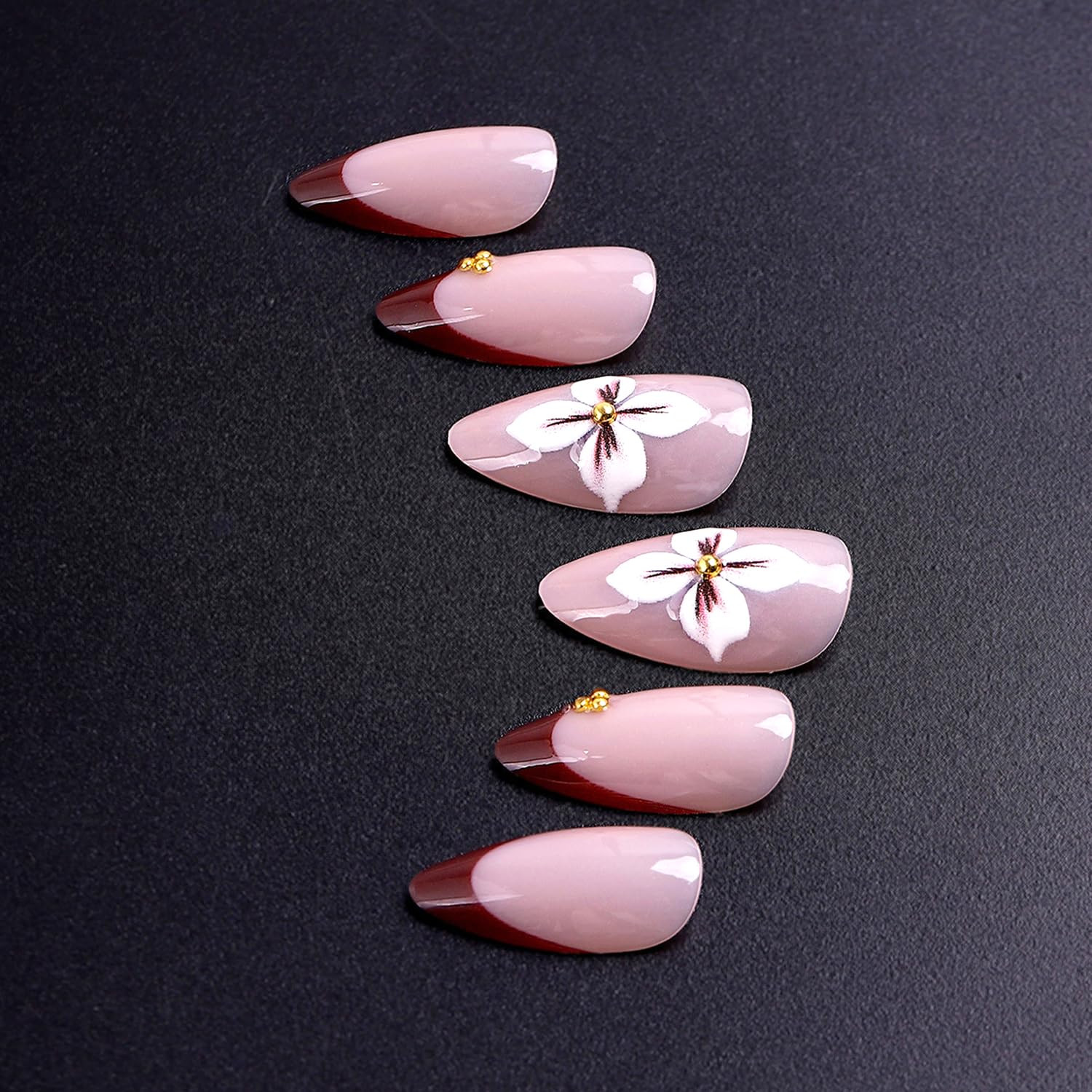 24Pcs Purple Flower Press on Nails Medium Length Almond Fake Nails Cute Flower F