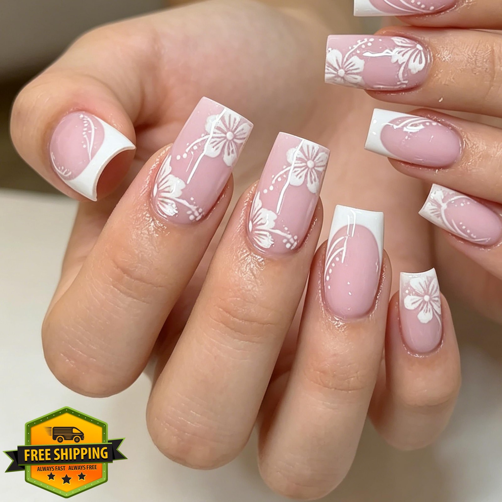 Tephrent White Hibiscus French Tip Nails