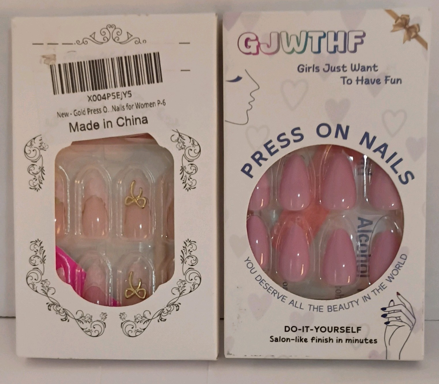 Press-On Nails Pink Nude Oval Medium Glossy Hearts, Lot Of 8