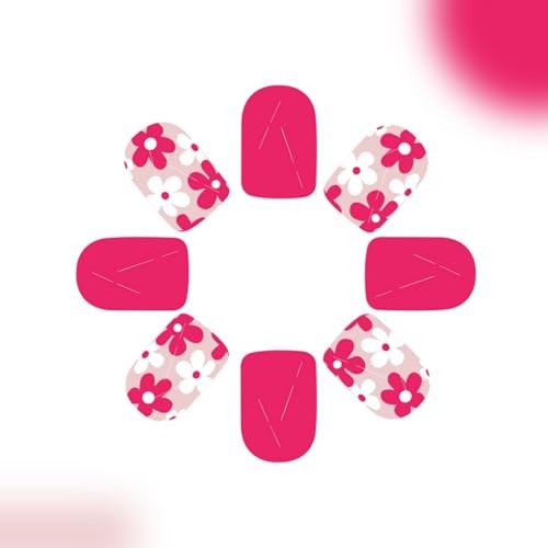 Hot Pink Press on Nails Square Fake Nails Flowers Short Hot Pink Flower Designs