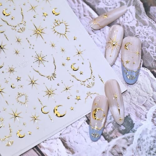 Gold Moon Star Nail Stickers 5D Embossed Celestial Nail Star Nail Decals