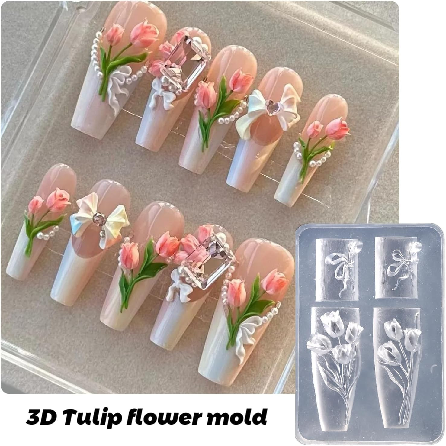 Reusable Silicone Nail Art Molds, 2PCS 3D Flower Design Templates