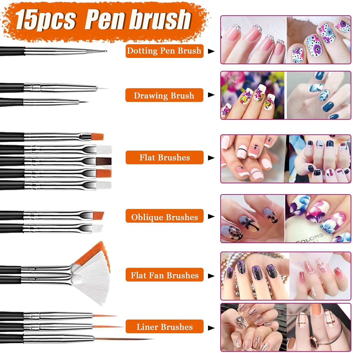JOYJULY Nail Art Brushes Kit with Rhinestones Stickers Glitters Multi