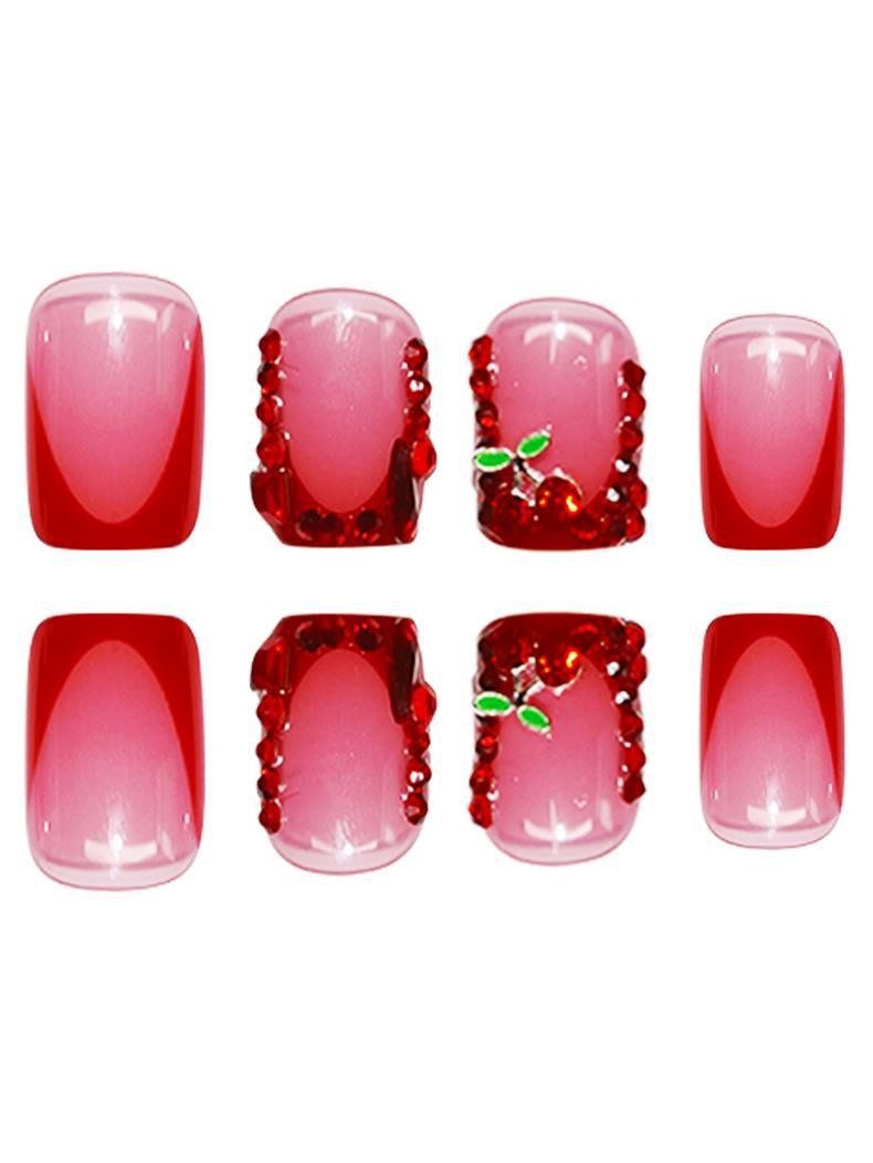 Medium Square Bling Diamond Cherry Press On Nails Removable Wholesale