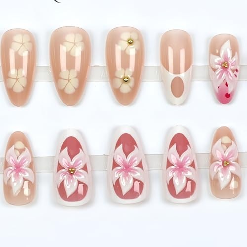 24pcs Summer Flower Press on Nails Medium Almond Fake Nails 3D Hibiscus style04