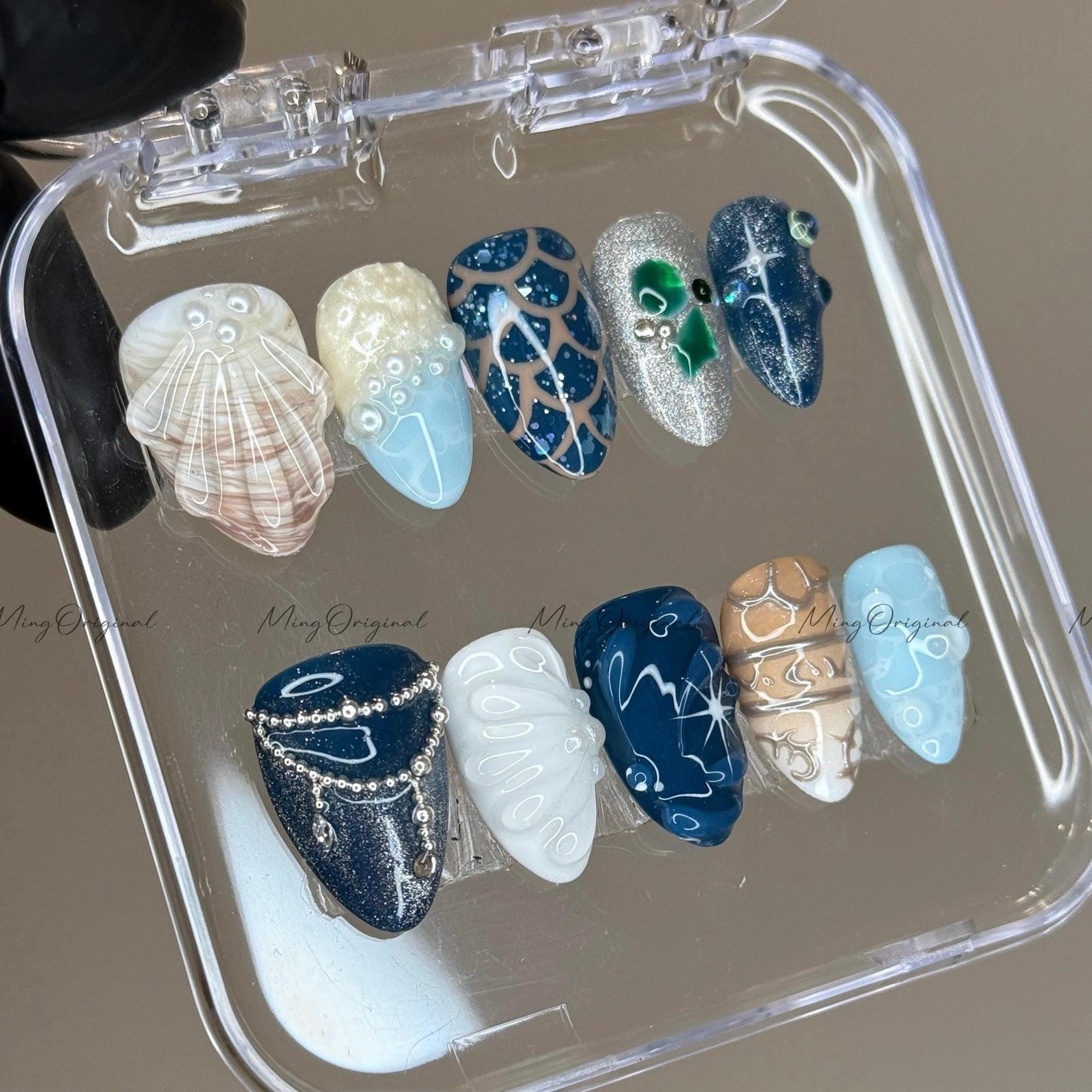 Handmade Deep Sea Scale Shell Butterfly Silver Chain Long Almond Press on Nails