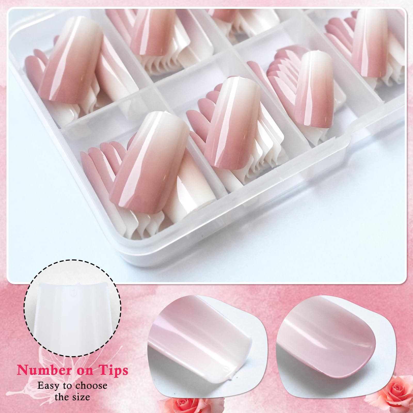 AddFavor 120pcs Ombre Press on Nails Long Square – Long, Ombre-Pink white
