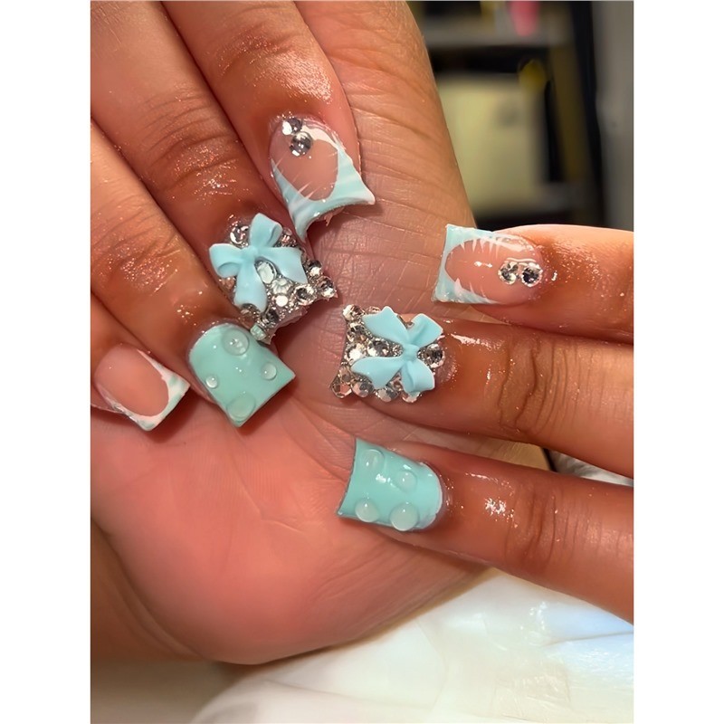 Duck Shape False Nails Sweet Bow Rhinestone Press on Nails