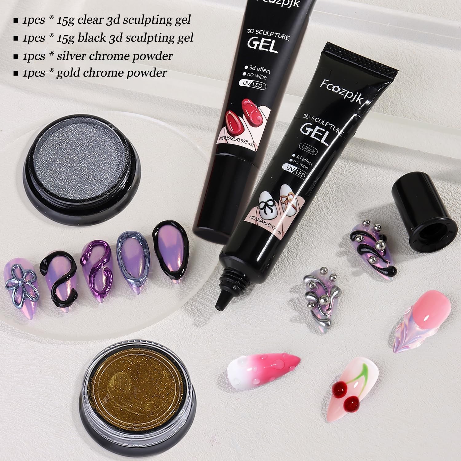 Elegant 3D Nail Art Set – No Wipe Black & Clear Gels with Elegant Chrome Finish