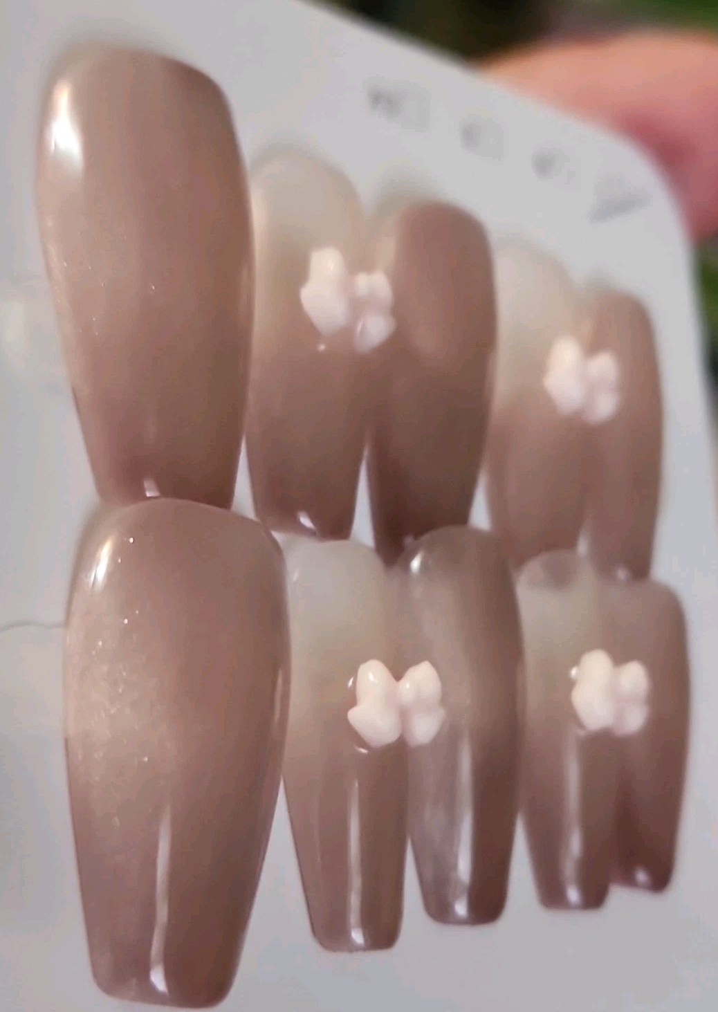 Press-On Nails Long Coffin Full Cover, Brown/Nude Shiny Pre-Designed Bows