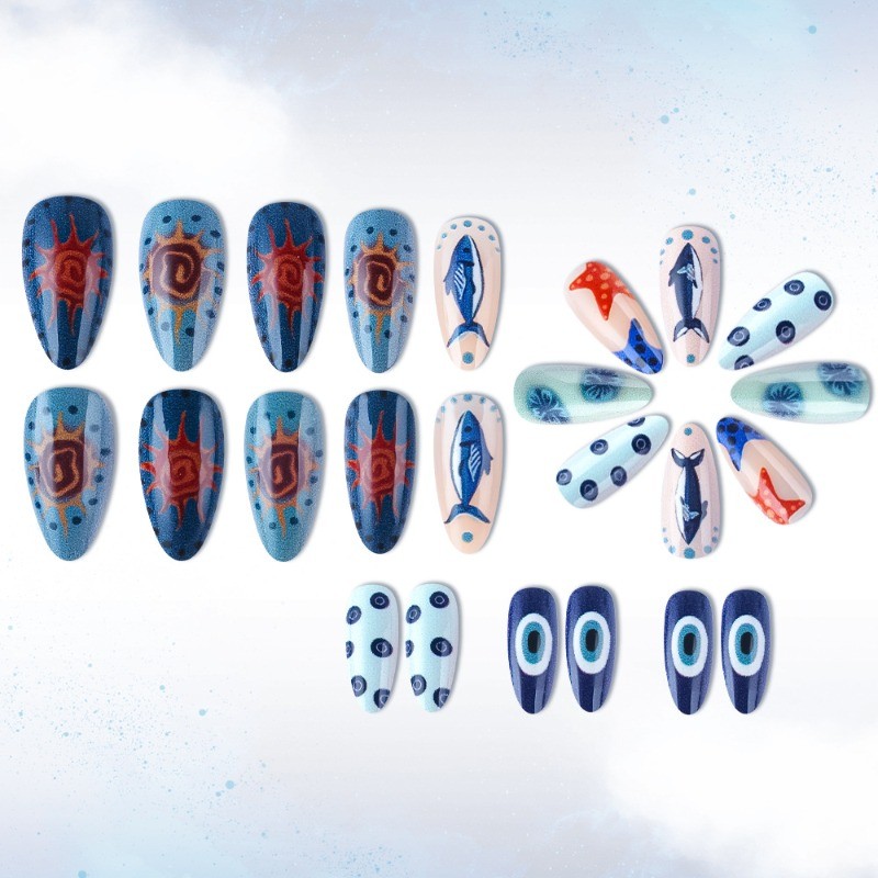 48pcs-Summer Ocean Press on Nails, Medium Stiletto Shark & Starfish Fake Nails