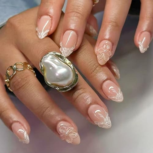Almond Press on Nails Short Nude Fake Nails Glossy 1 Fl Oz (Pack of 24) Style 8