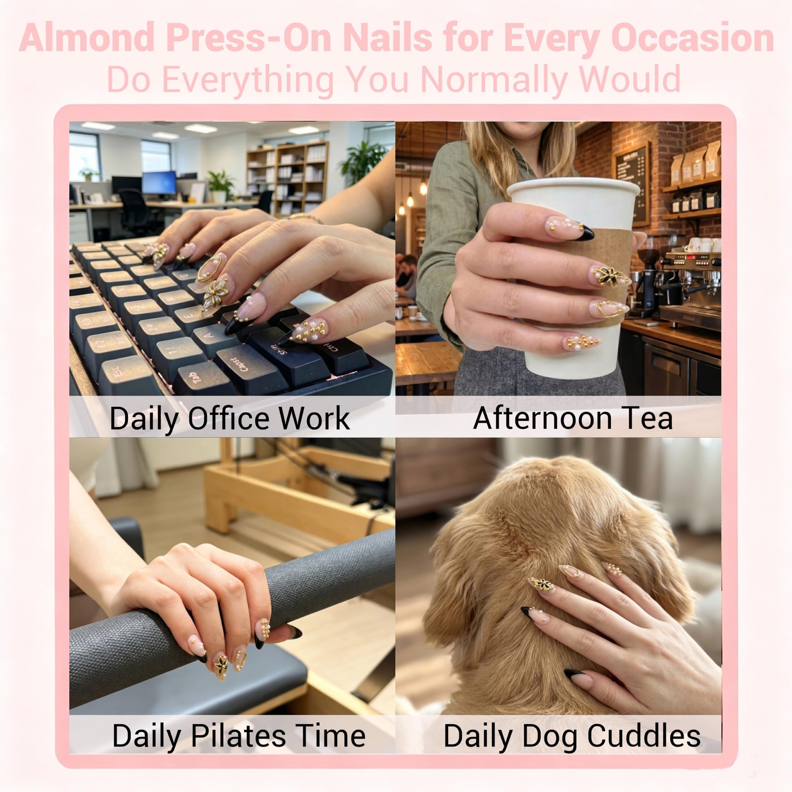 XIXISUNN Medium Almond Press on Nails, Black French Tip with Gold & Pearl