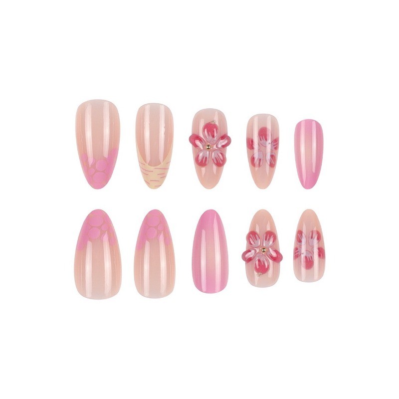 48pcs Sweet Pink Spring 3D Flower Wearing Medium Long Pointed Press On Nails
