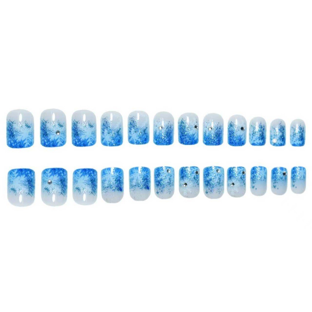 Christmas Blue Square Press On Nails Snowflake Rhinestone Glitter