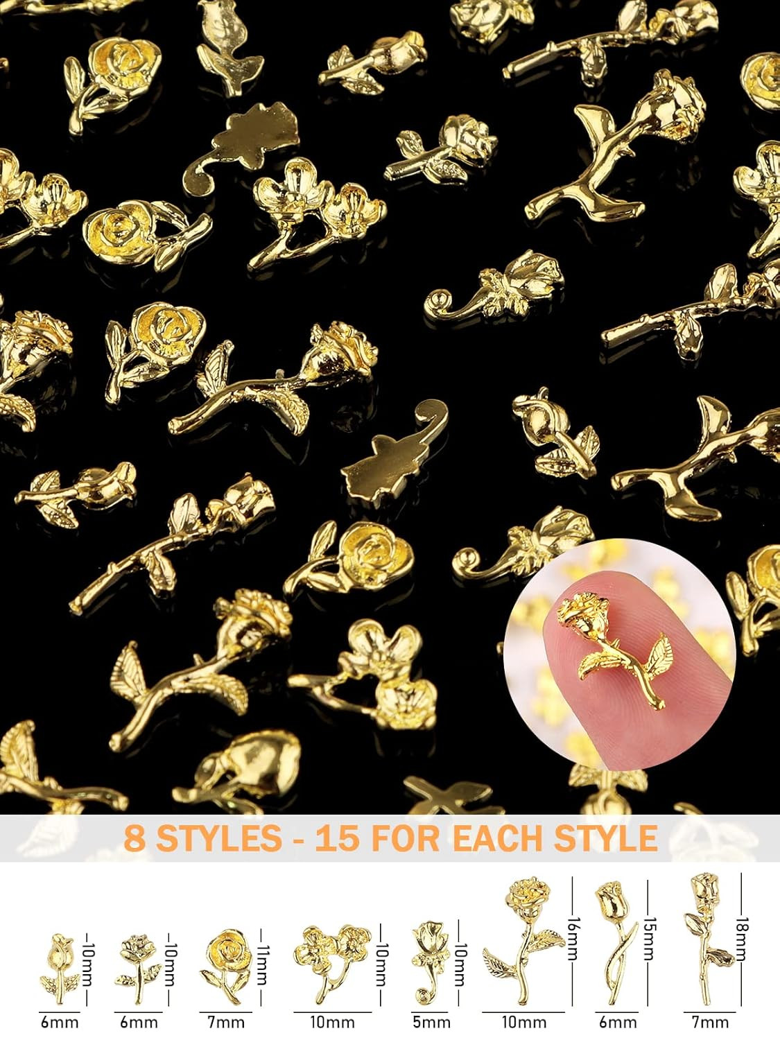 TOROKOM 120 PCS 3D Gold Rose Nail Art Charms Romantic Flowers Nails Decorations