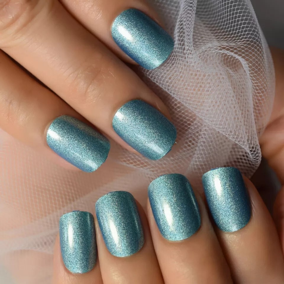 24 Shiny Blue mystic Press On Nails Short Glue On trendy glitter shimmer silver