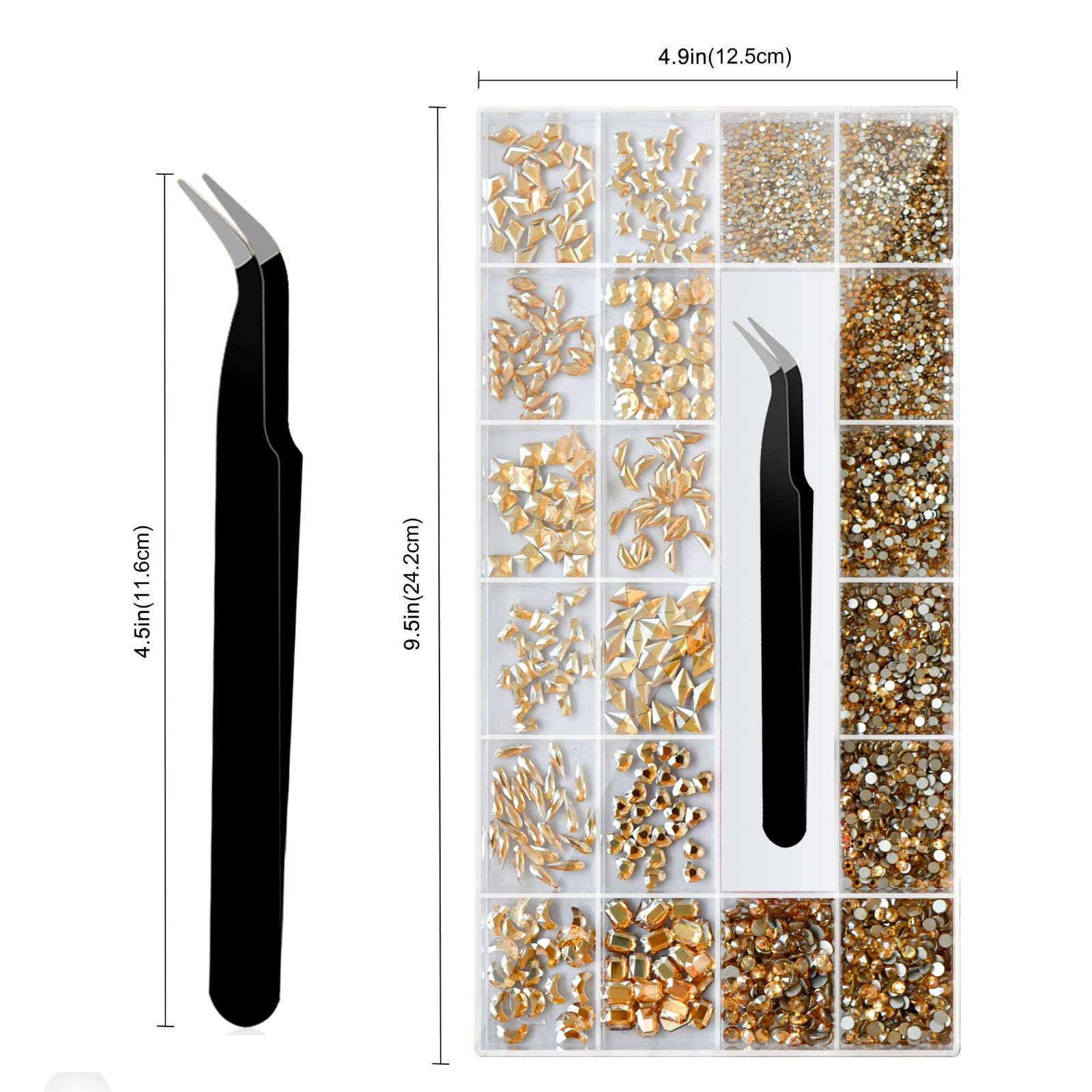 Champagne Gold Nail Rhinestones Set – Multi Shapes & Sizes, Flatback Charms, Twe