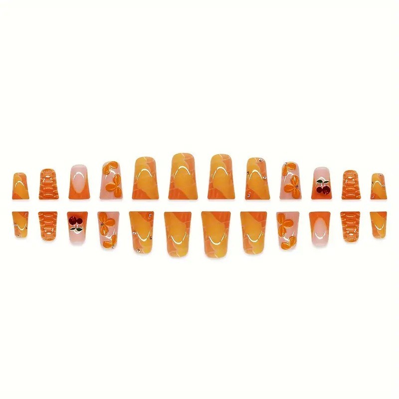 24pcs-Summer Inspired Nail with Pink and Orange Base, Rhinestones and 3D Accents
