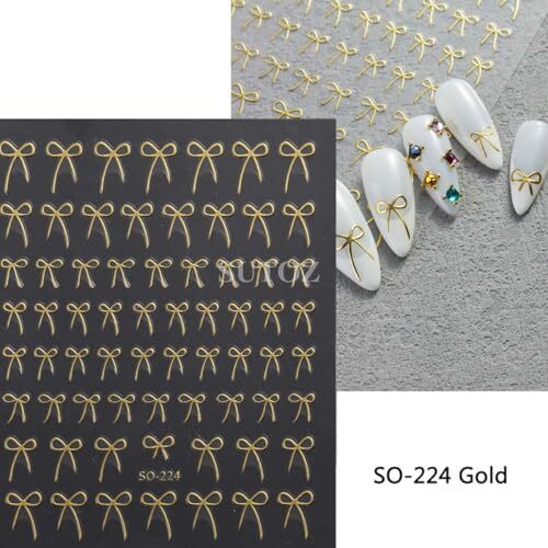 8 Sheets Bow Nail Stickers for Nail Art Black White Red Bow Nail Decals Gold