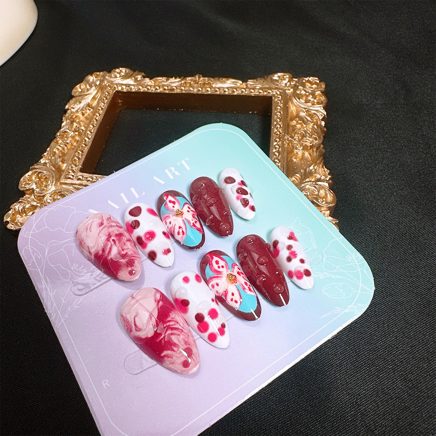 10Pcs Halloween Press on Nails Medium Almond Fake Nails with 3D Snake Flower Des