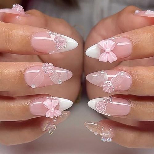French Press on Nails Pink Medium, 3D Flower Fake Nails Almond Acrylic False