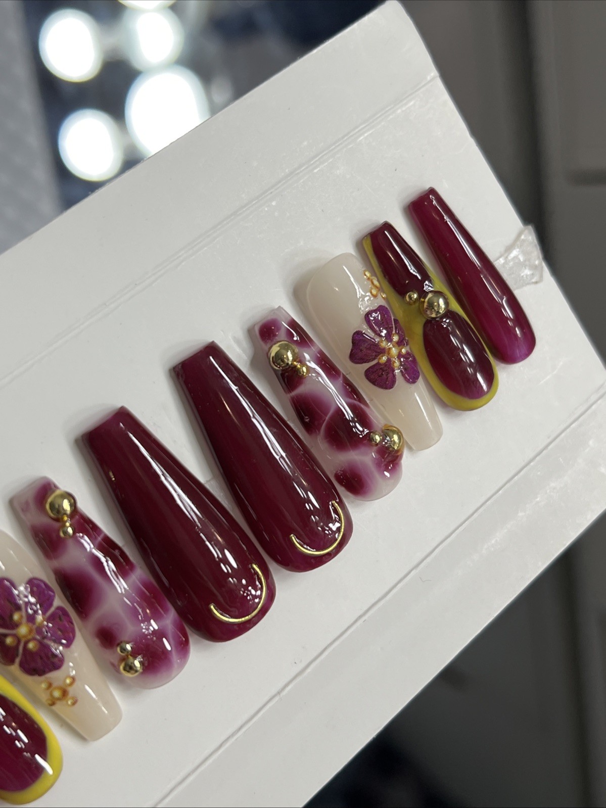 💜✨ Luxury Gel Press On Nails, PLUM FLOWER , LONG COFFIN 10p Set W/ FULL KIT