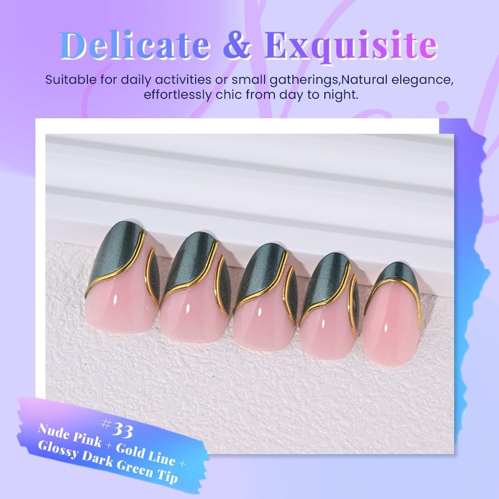 evpct French Tip Press On Nails Short Almond, Nude Pink + Gold Line & Dark Gr…