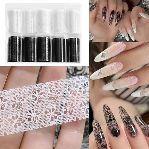 10 Rolls Lace Nail Foil Transfer Sheets Black White Flower Holographic Decals