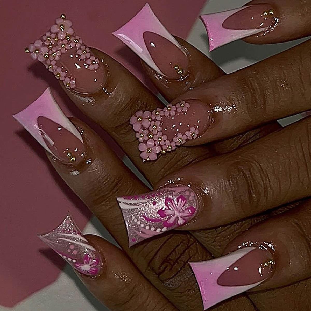 Medium Long Silver Press On Nails Pink Ombre White Gold Bare Floral French