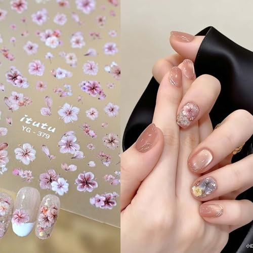 2 Sheets 3D Flower Nail Stickers Spring Summer Embossed Self-Adhesive Cherry