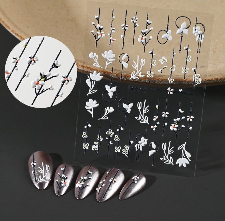5D Embossed White Tulip Camellia Flower Leaf Nail Stickers Manicure Slider NS53